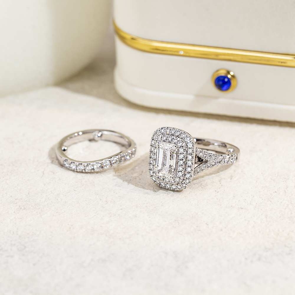 MissDiamond Emerald Cut Lab Grown Diamond 1.5CT Double Halo D VVS2 18K White Gold Ring Set MSR-1690