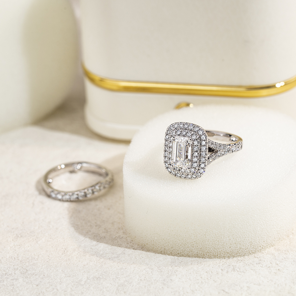 MissDiamond Emerald Cut Lab Grown Diamond 1.5CT Double Halo D VVS2 18K White Gold Ring Set MSR-1690