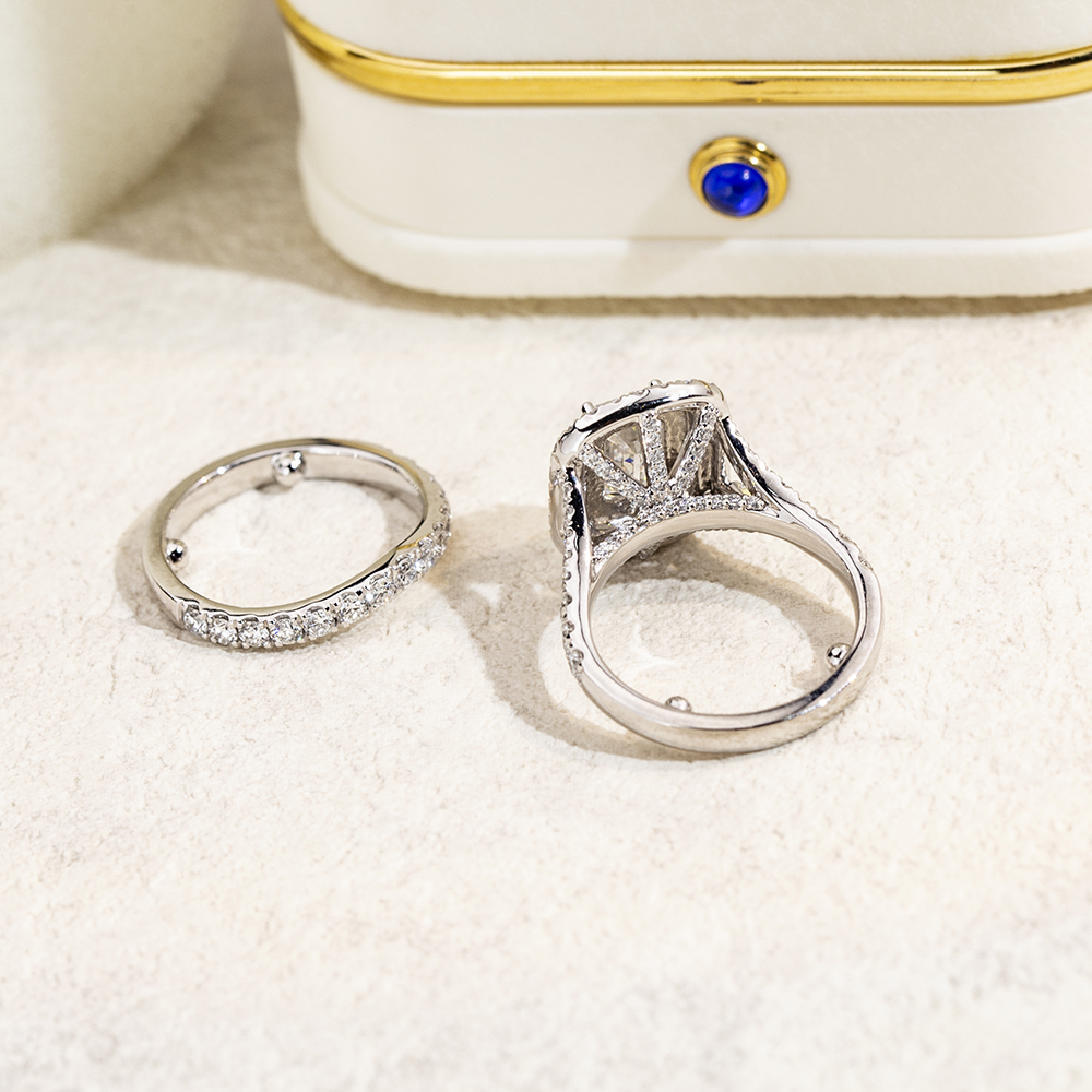 MissDiamond Emerald Cut Lab Grown Diamond 1.5CT Double Halo D VVS2 18K White Gold Ring Set MSR-1690