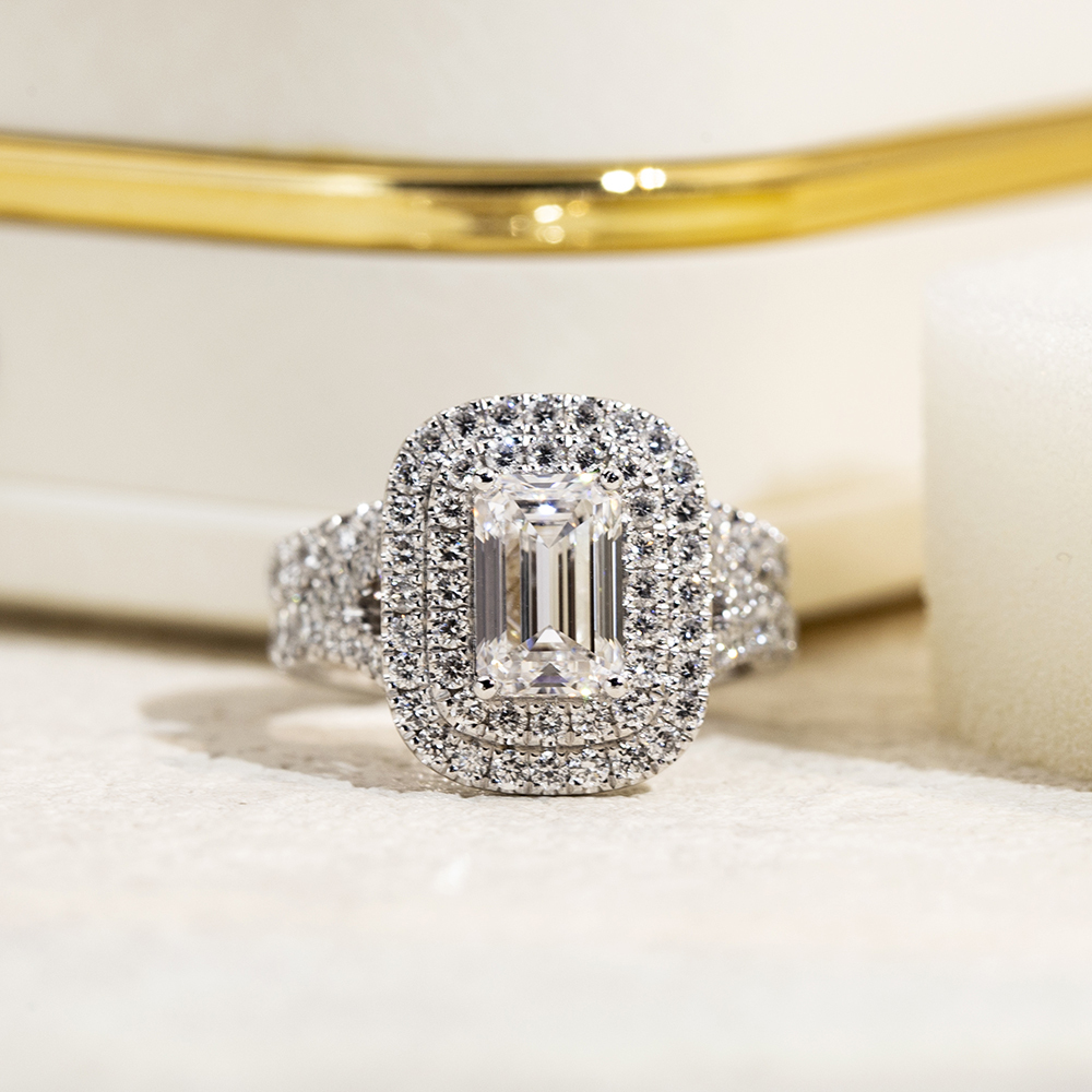 MissDiamond Emerald Cut Lab Grown Diamond 1.5CT Double Halo D VVS2 18K White Gold Ring Set MSR-1690