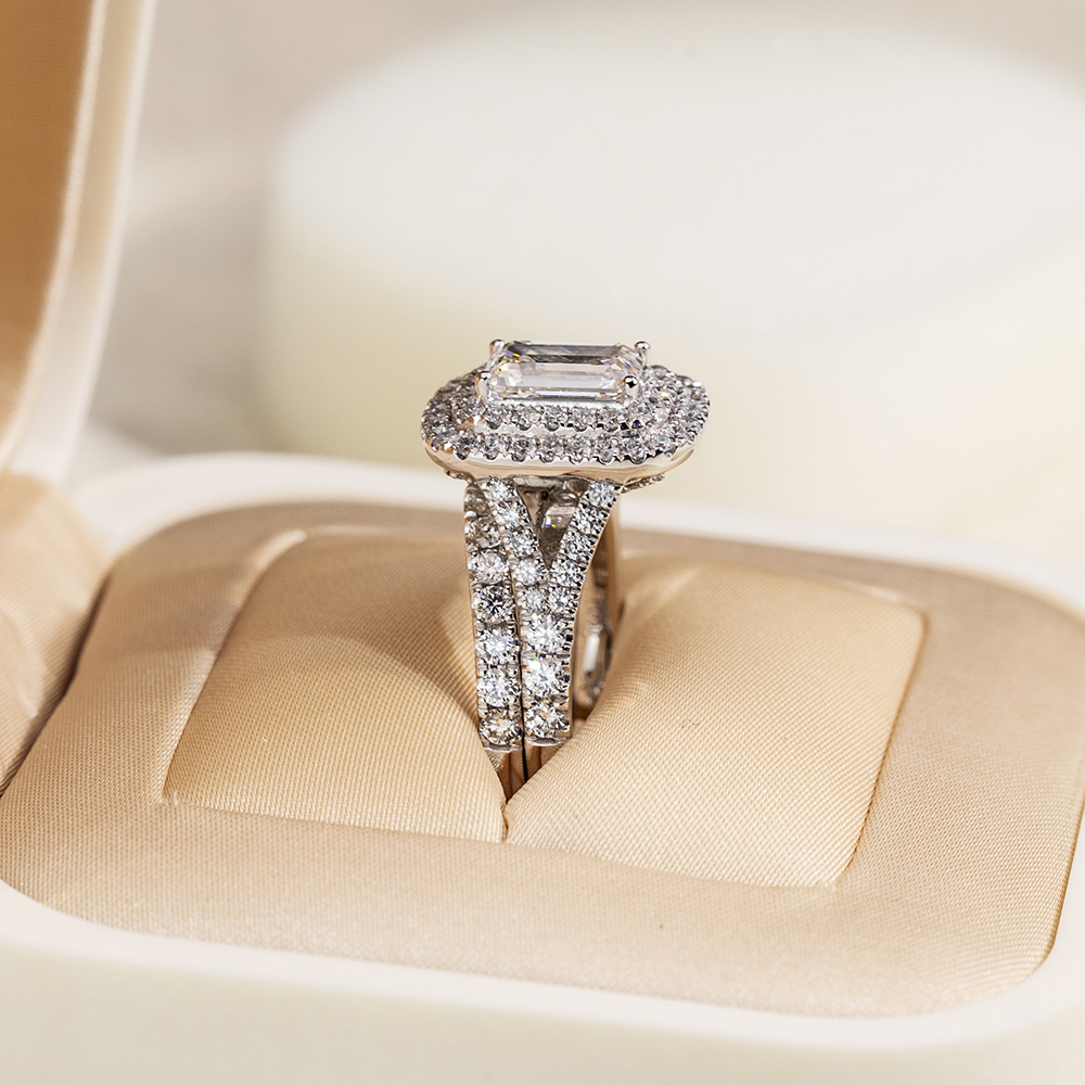 MissDiamond Emerald Cut Lab Grown Diamond 1.5CT Double Halo D VVS2 18K White Gold Ring Set MSR-1690