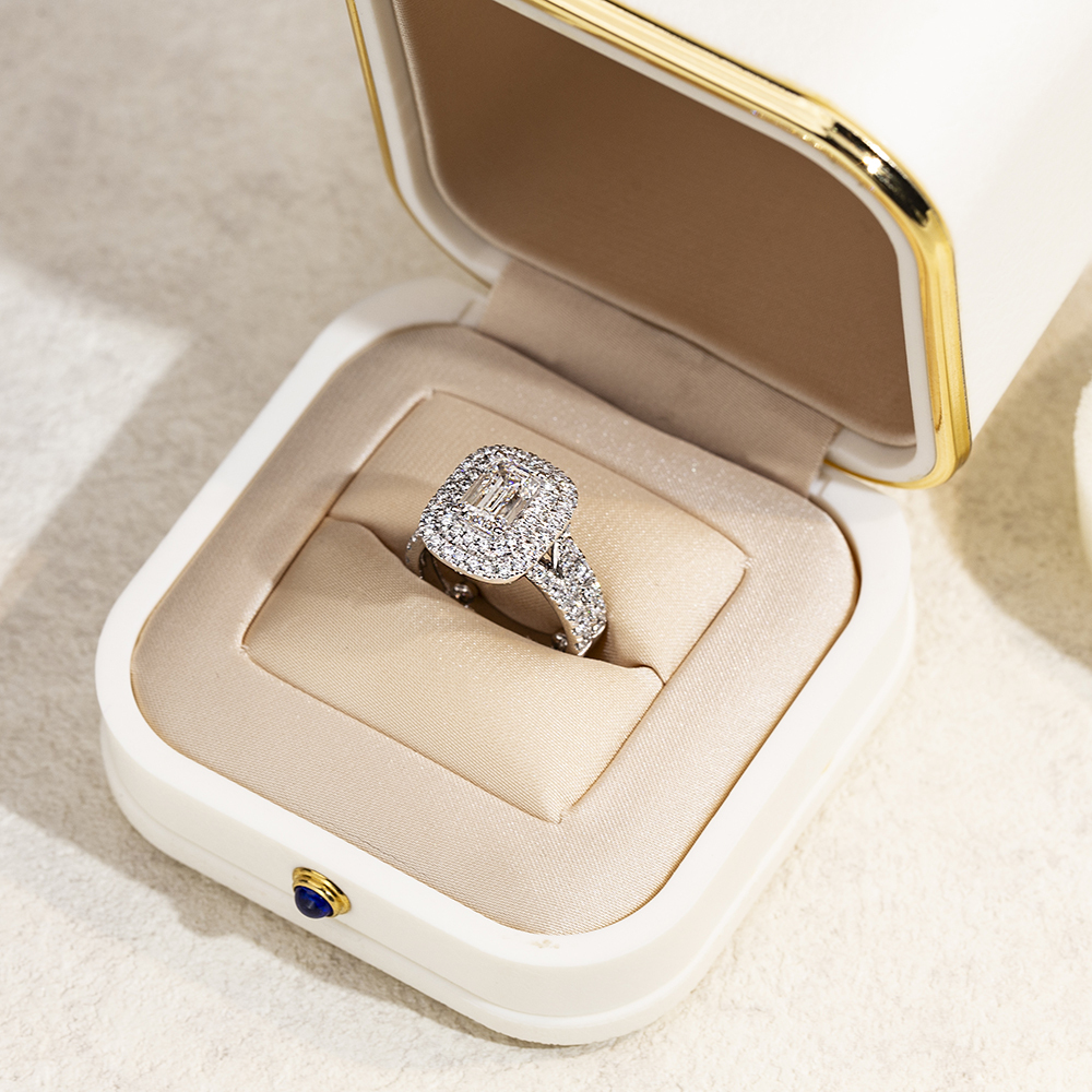 MissDiamond Emerald Cut Lab Grown Diamond 1.5CT Double Halo D VVS2 18K White Gold Ring Set MSR-1690