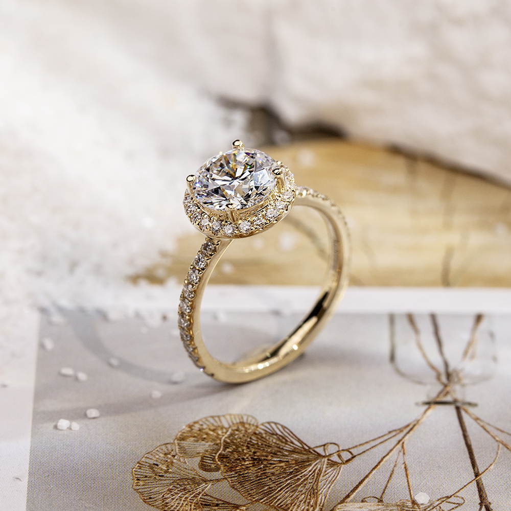 MissDiamond Round Cut Lab Grown Diamond 1.66CT D VS1 9K Yellow Gold Halo Ring MDR-0005