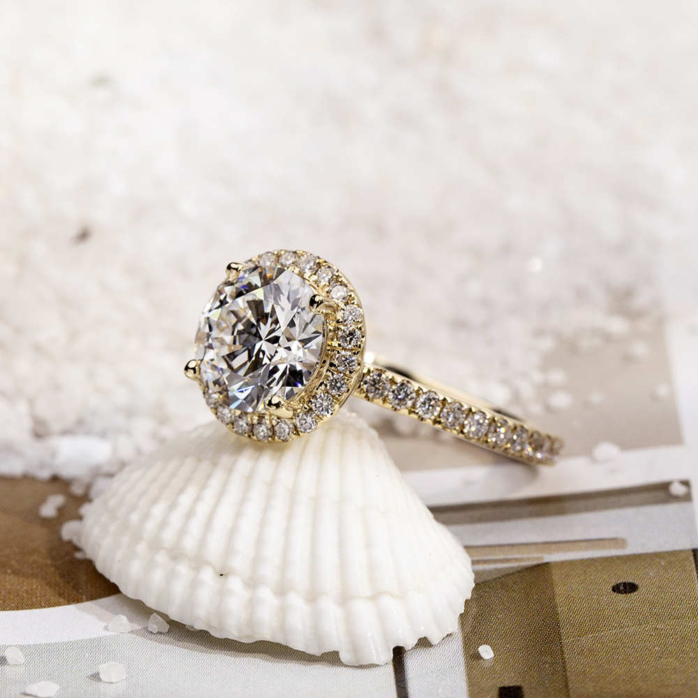 MissDiamond Round Cut Lab Grown Diamond 1.66CT D VS1 9K Yellow Gold Halo Ring MDR-0005