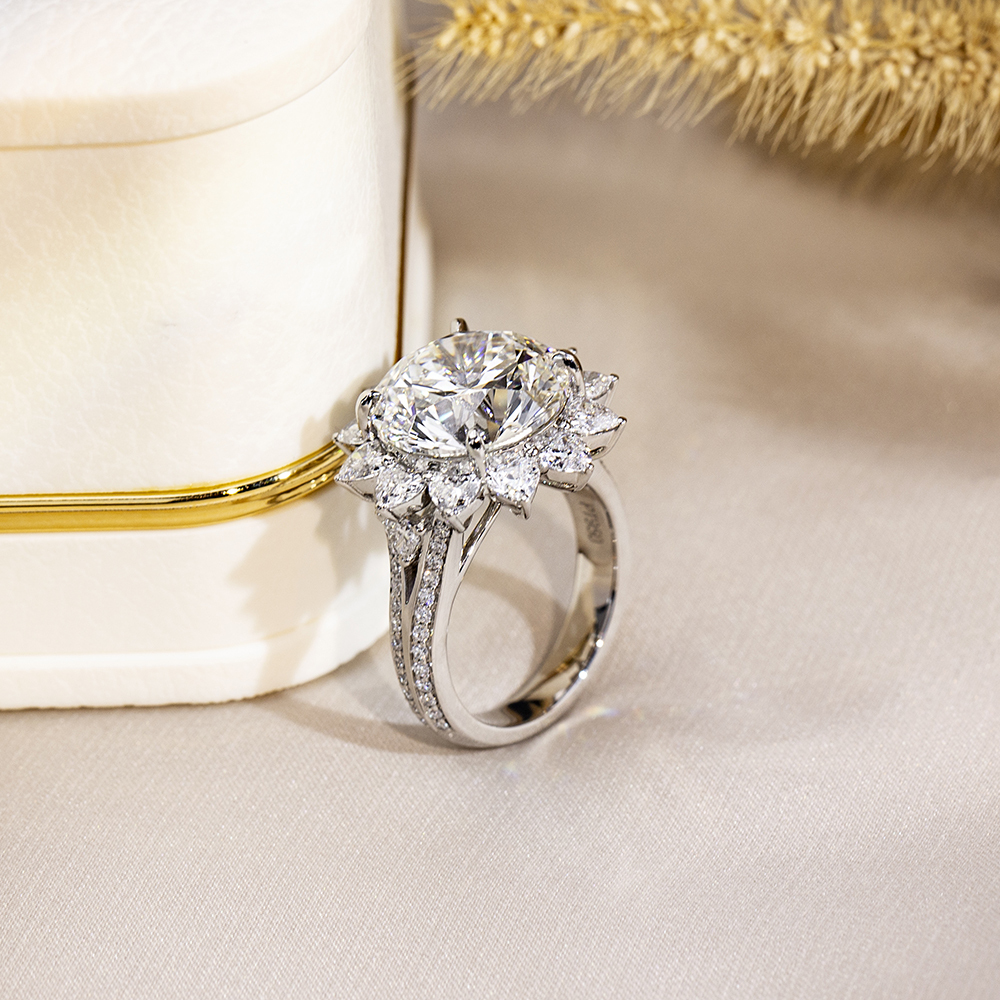 MissDiamond Emerald Cut Lab Grown Diamond 8.3CT Halo E VS1 18K White Gold Ring MSR-1702