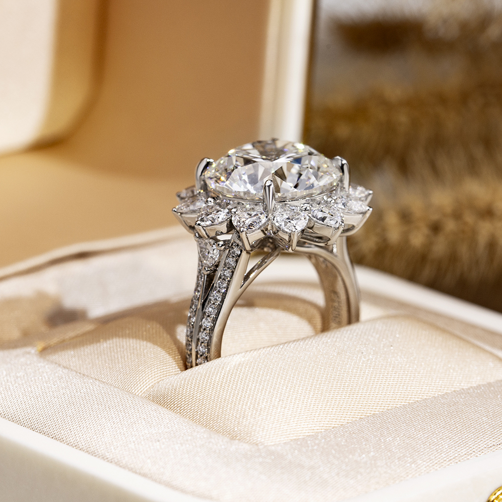 MissDiamond Emerald Cut Lab Grown Diamond 8.3CT Halo E VS1 18K White Gold Ring MSR-1702