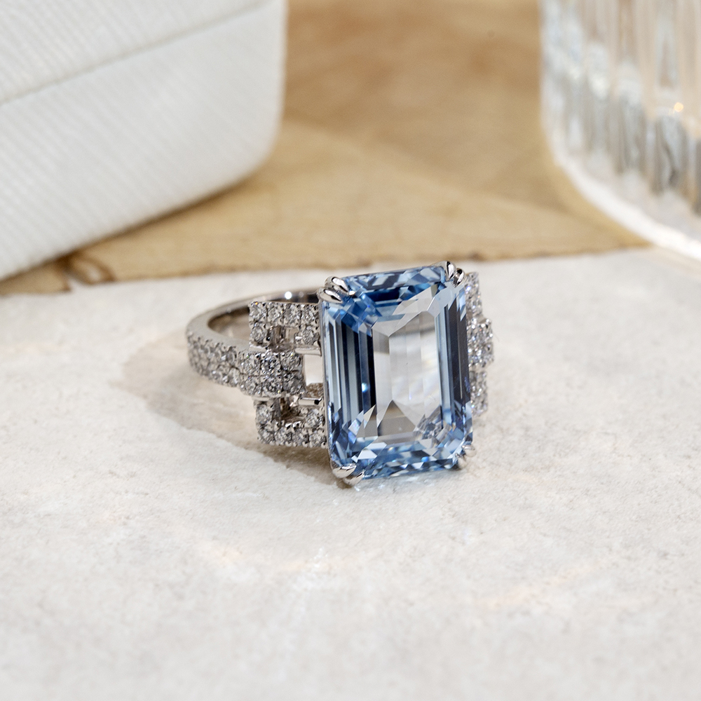 MissDiamond Emerald Cut Lab Grown Aquamarine 10CT Solitaire 18K White Gold Ring MSR-1691
