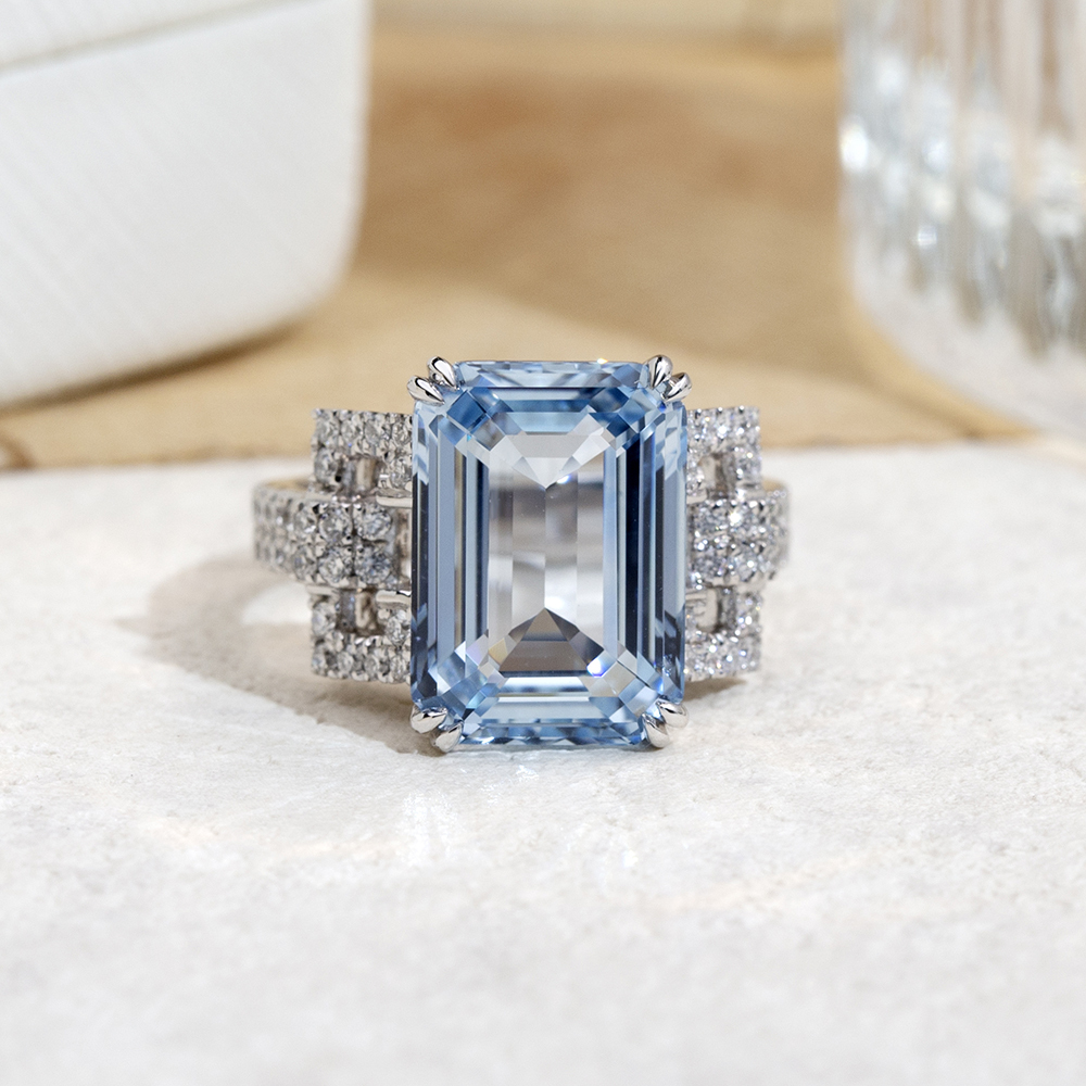 MissDiamond Emerald Cut Lab Grown Aquamarine 10CT Solitaire 18K White Gold Ring MSR-1691