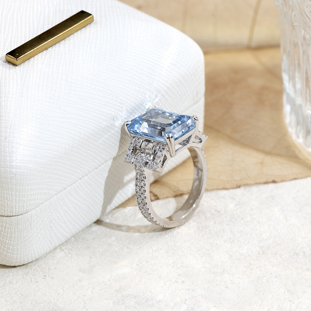 MissDiamond Emerald Cut Lab Grown Aquamarine 10CT Solitaire 18K White Gold Ring MSR-1691