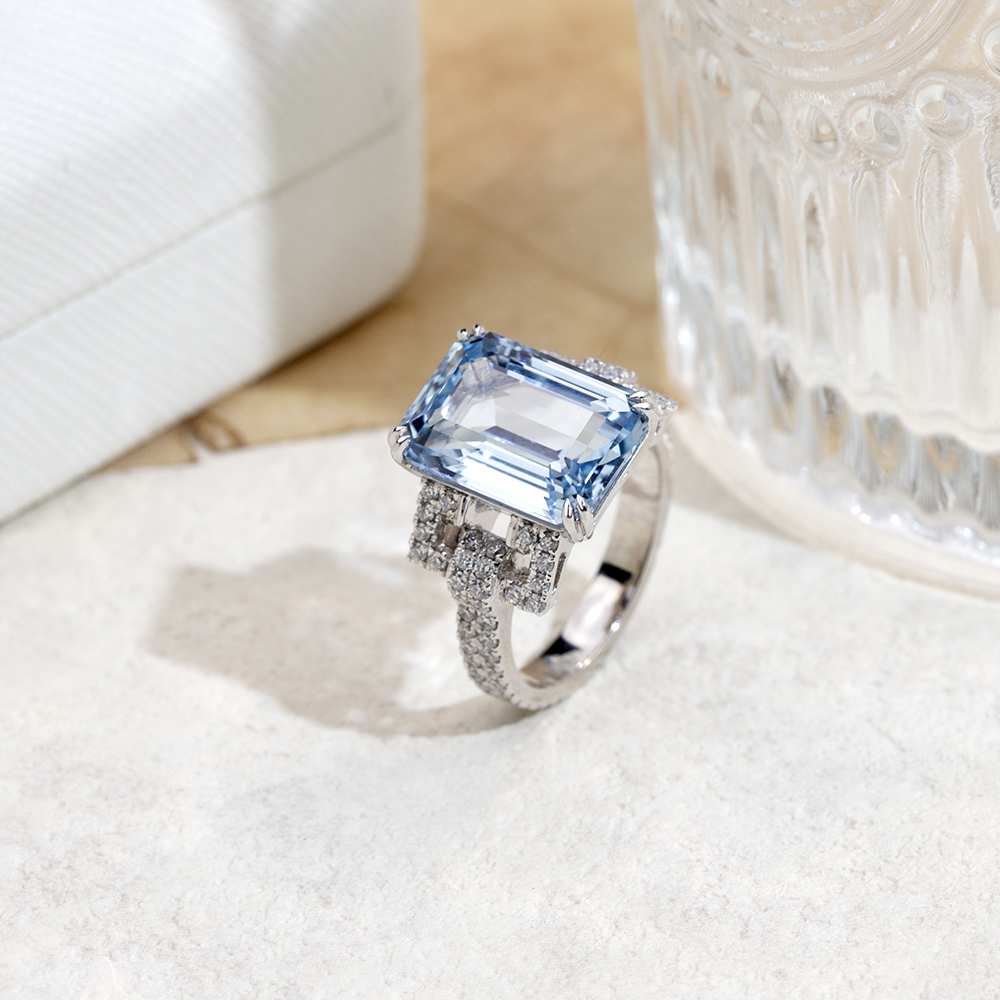 MissDiamond Emerald Cut Lab Grown Aquamarine 10CT Solitaire 18K White Gold Ring MSR-1691