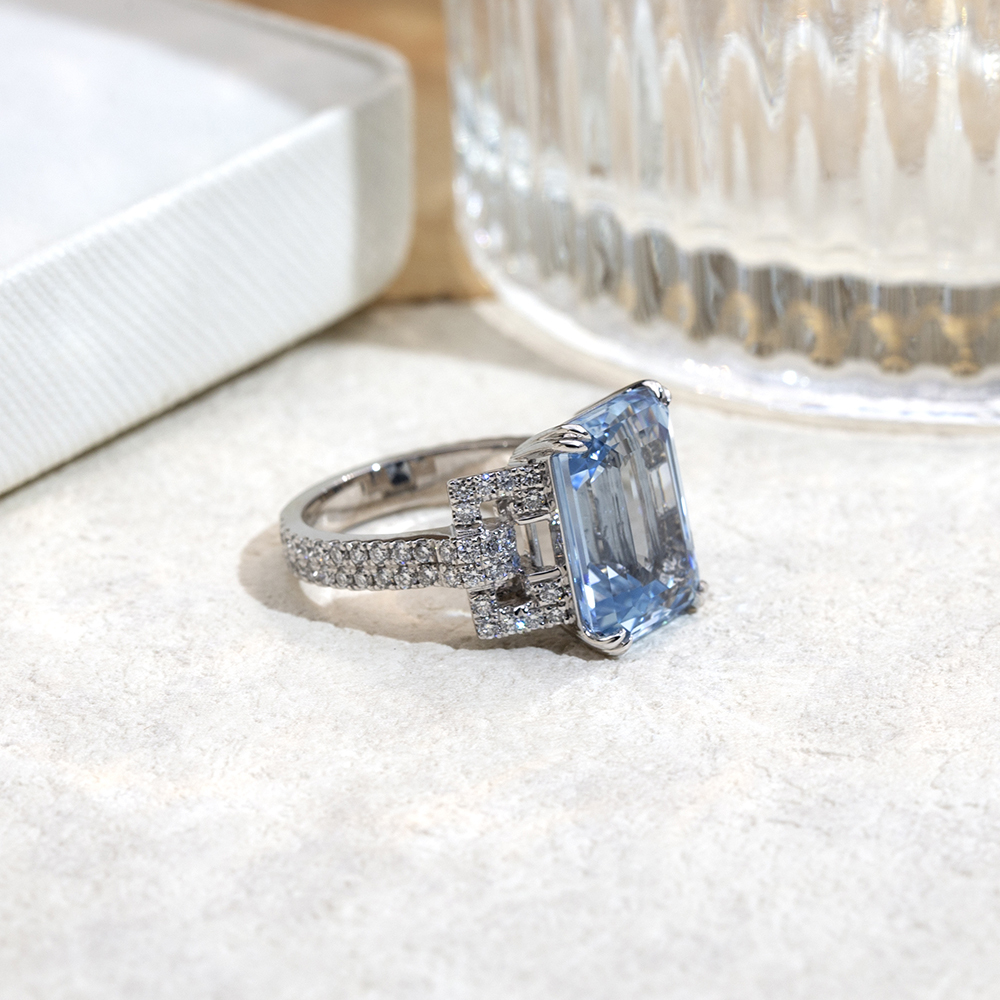 MissDiamond Emerald Cut Lab Grown Aquamarine 10CT Solitaire 18K White Gold Ring MSR-1691