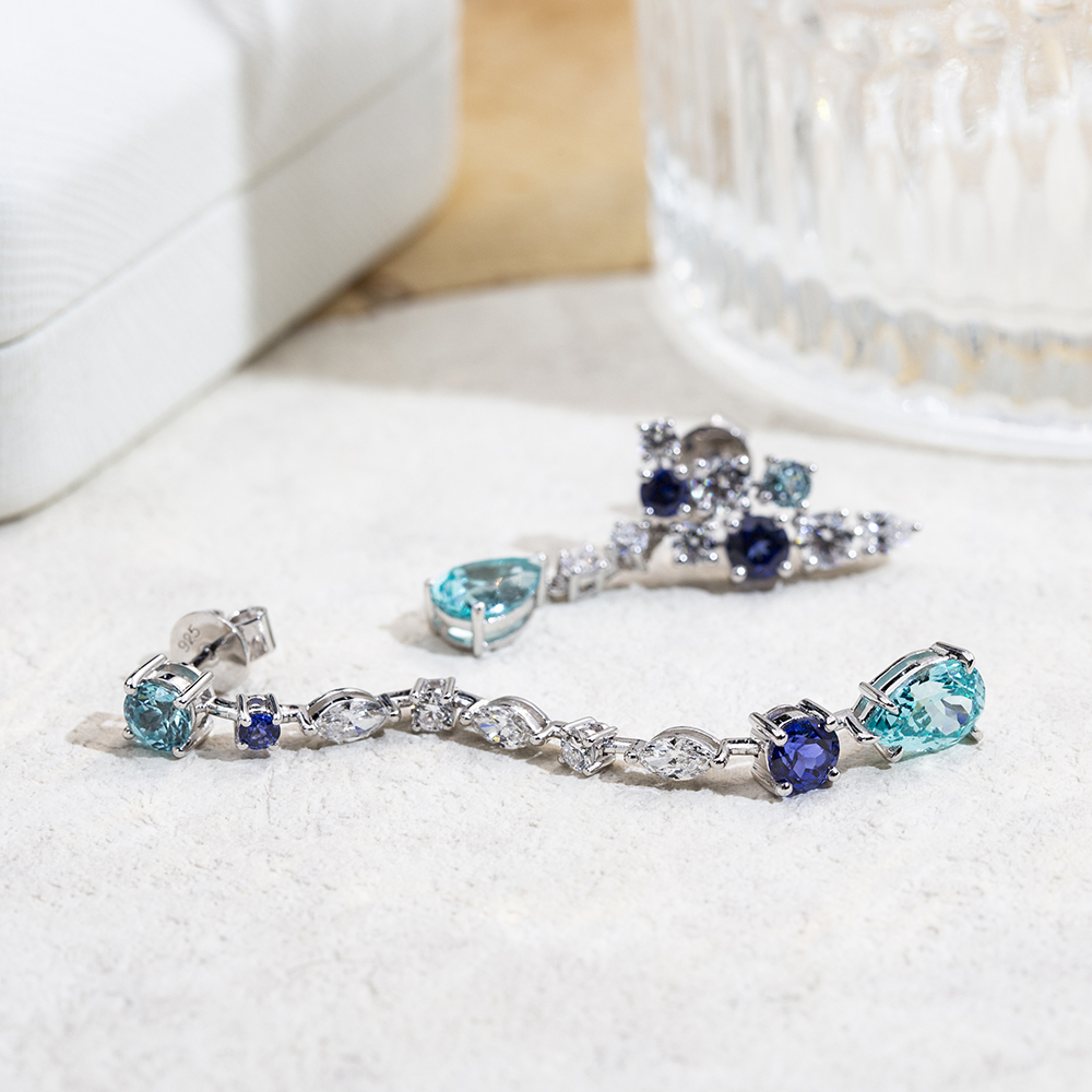 MissDiamond Pear Shape Lab Sapphire Paraiba S925 Silver Drop Earrings MSE-783
