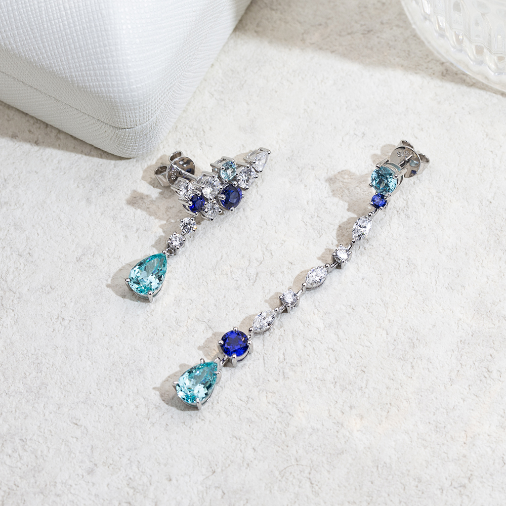 MissDiamond Pear Shape Lab Sapphire Paraiba S925 Silver Drop Earrings MSE-783