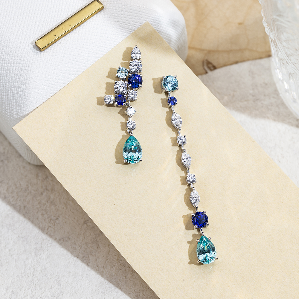 MissDiamond Pear Shape Lab Sapphire Paraiba S925 Silver Drop Earrings MSE-783