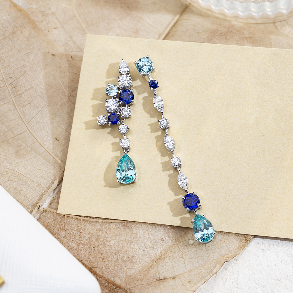 MissDiamond Pear Shape Lab Sapphire Paraiba S925 Silver Drop Earrings MSE-783