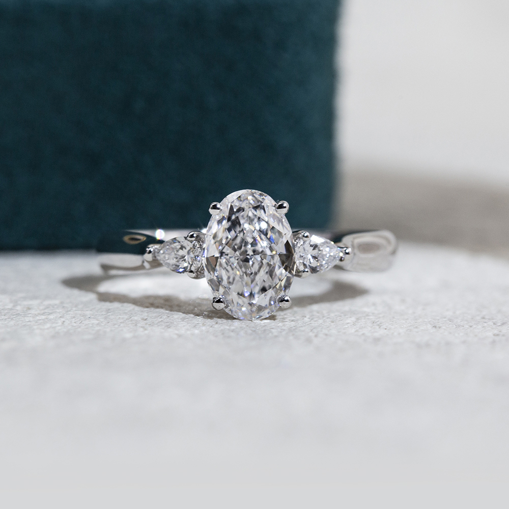 MissDiamond Oval Cut Lab Grown Diamond 1.5CT D VS1 Three Stones 18K White Gold Ring MSR-1697