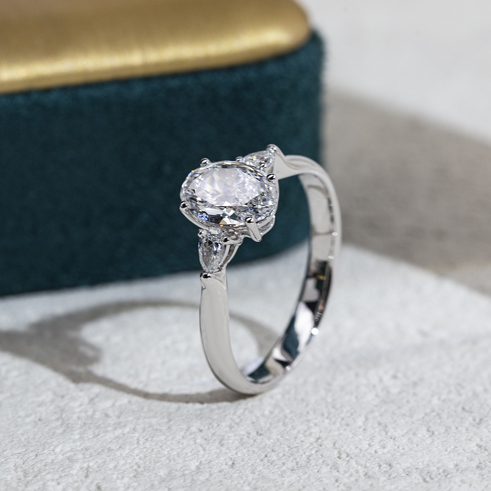 MissDiamond Oval Cut Lab Grown Diamond 1.5CT D VS1 Three Stones 18K White Gold Ring MSR-1697