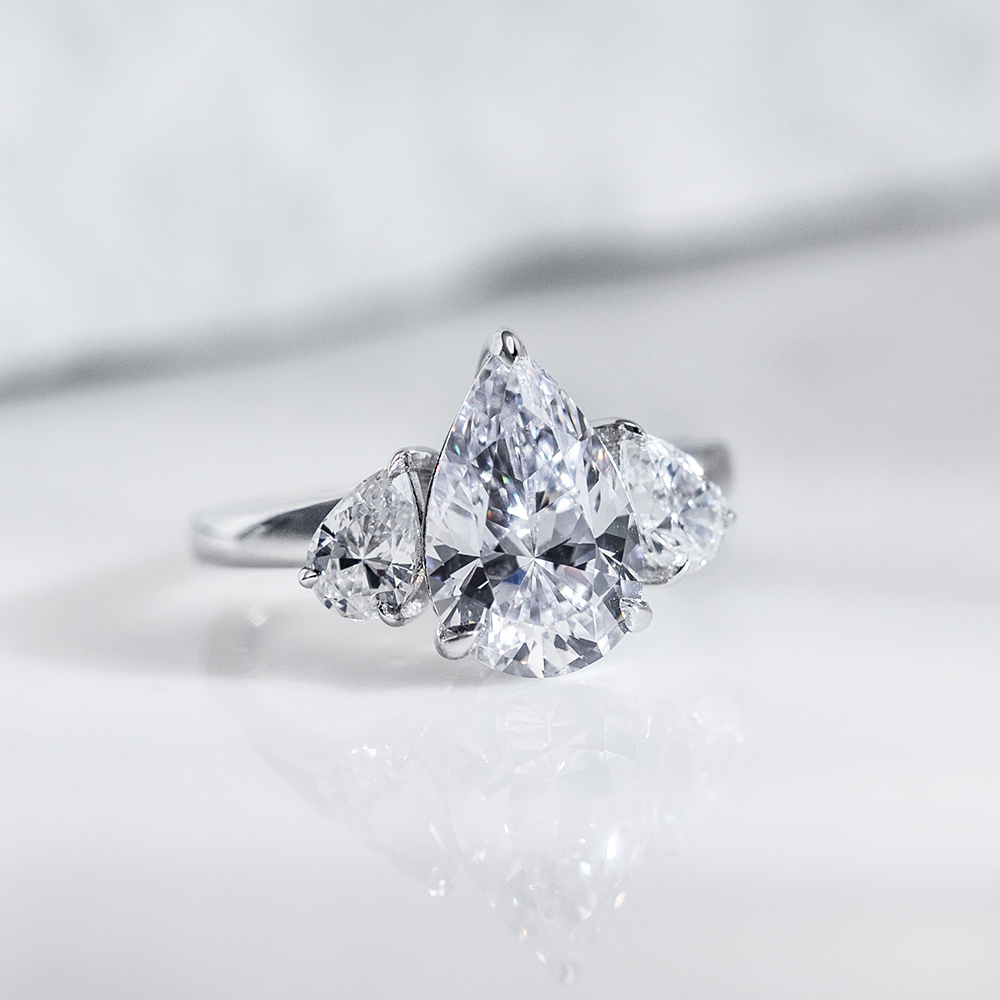 Pear Cut Lab Grown Diamond 3.2CT E VS1 Three Stones 18K White Gold Ring MSR-1620