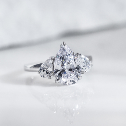 Pear Cut Lab Grown Diamond 3.2CT E VS1 Three Stones 18K White Gold Ring MSR-1620
