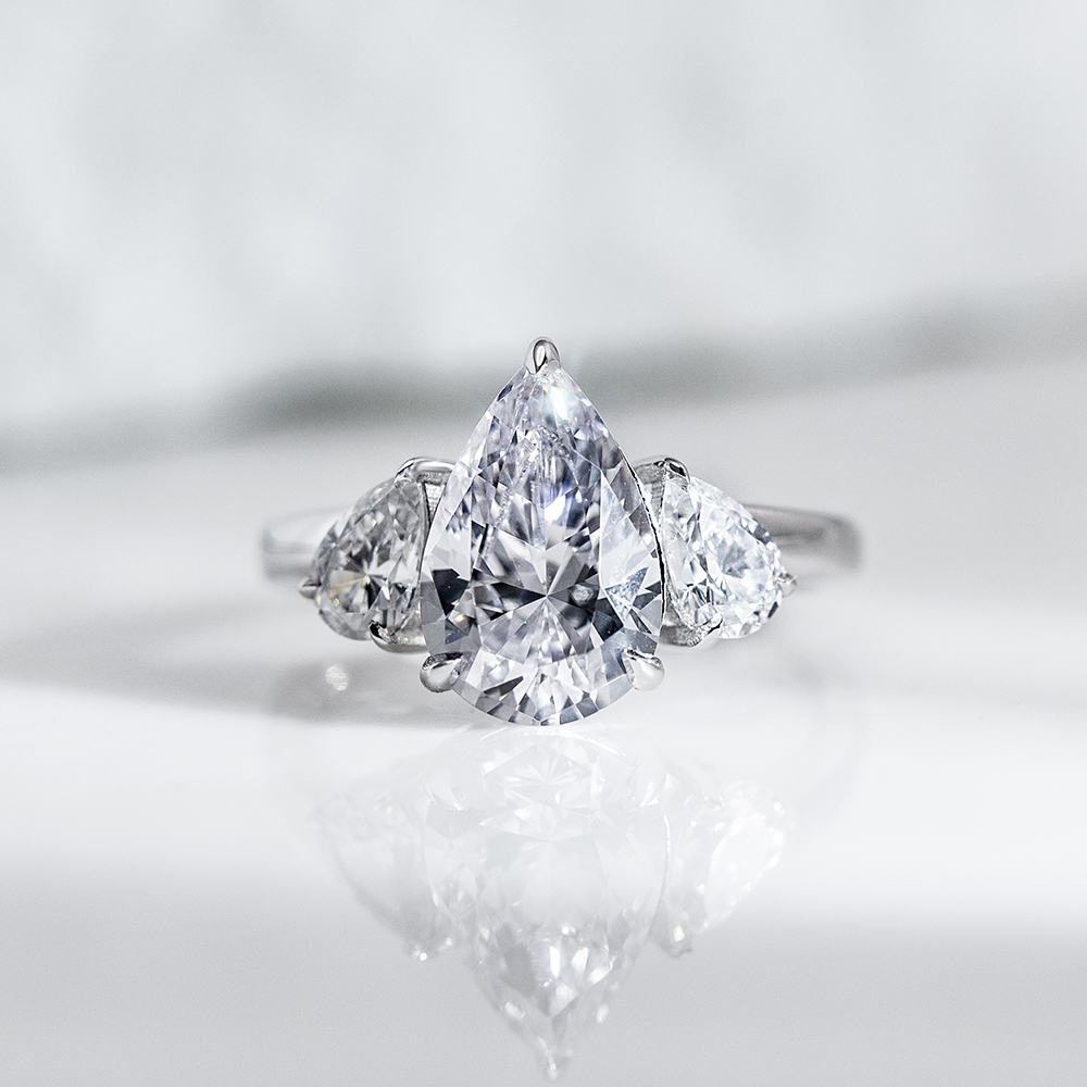 Pear Cut Lab Grown Diamond 3.2CT E VS1 Three Stones 18K White Gold Ring MSR-1620