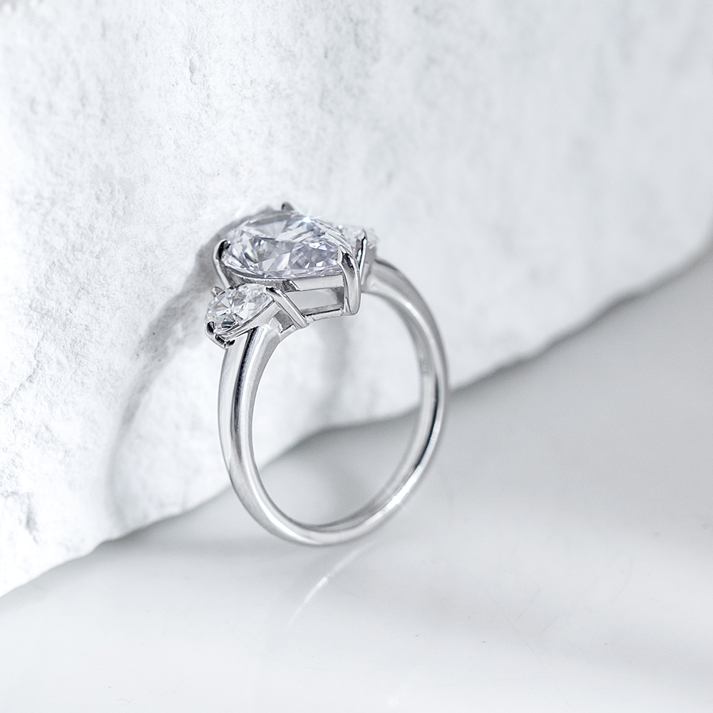 Pear Cut Lab Grown Diamond 3.2CT E VS1 Three Stones 18K White Gold Ring MSR-1620