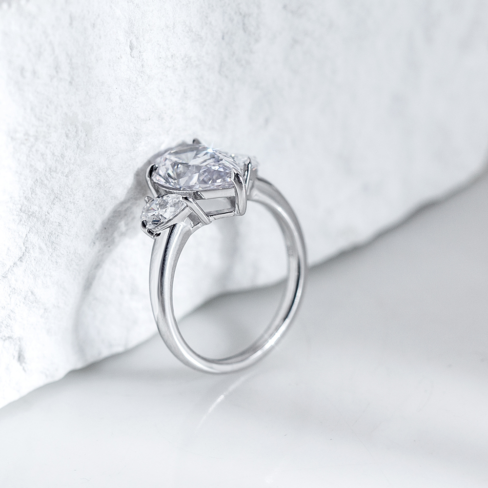 Pear Cut Lab Grown Diamond 3.2CT E VS1 Three Stones 18K White Gold Ring MSR-1620