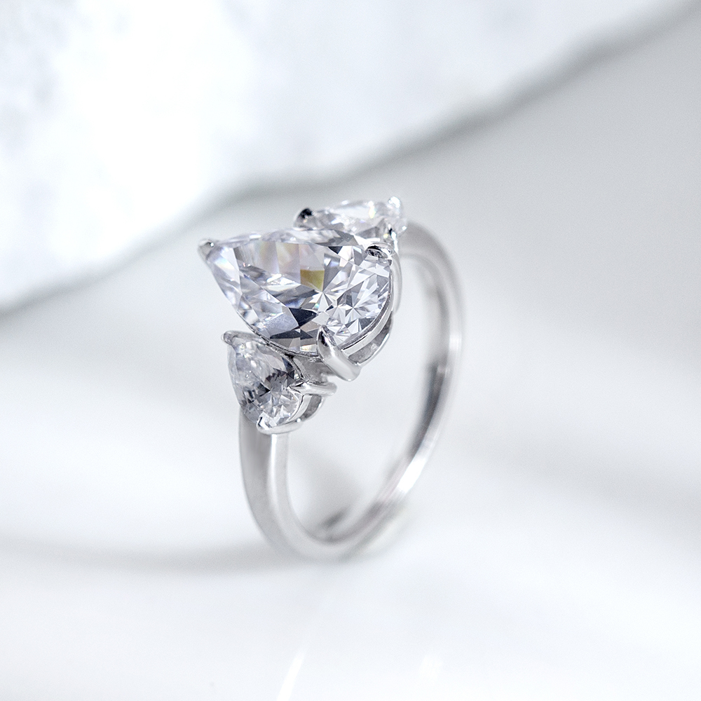 Pear Cut Lab Grown Diamond 3.2CT E VS1 Three Stones 18K White Gold Ring MSR-1620