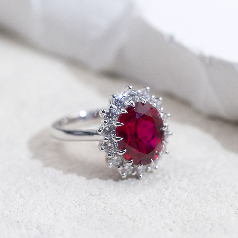 MissDiamond Oval Cut Lab Ruby 5CT Halo 18K Gold Ring MSR-1659