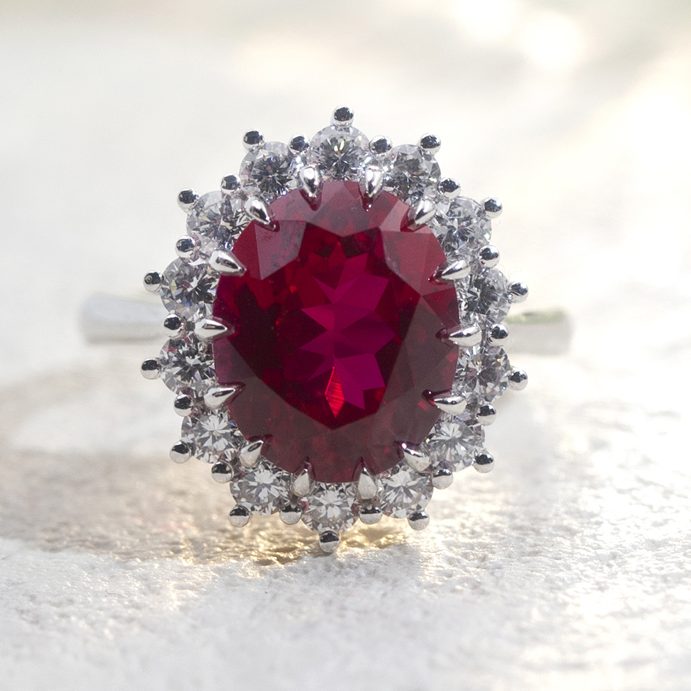 MissDiamond Oval Cut Lab Ruby 5CT Halo 18K Gold Ring MSR-1659