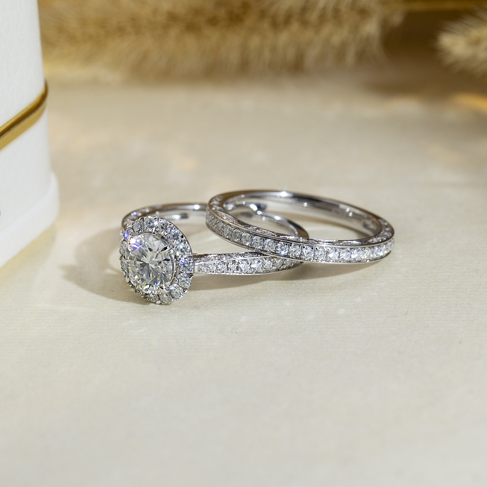 Round Cut Lab Grown Diamond 1.5CT Halo D VS1 18K White Gold Ring Set MSR-1666