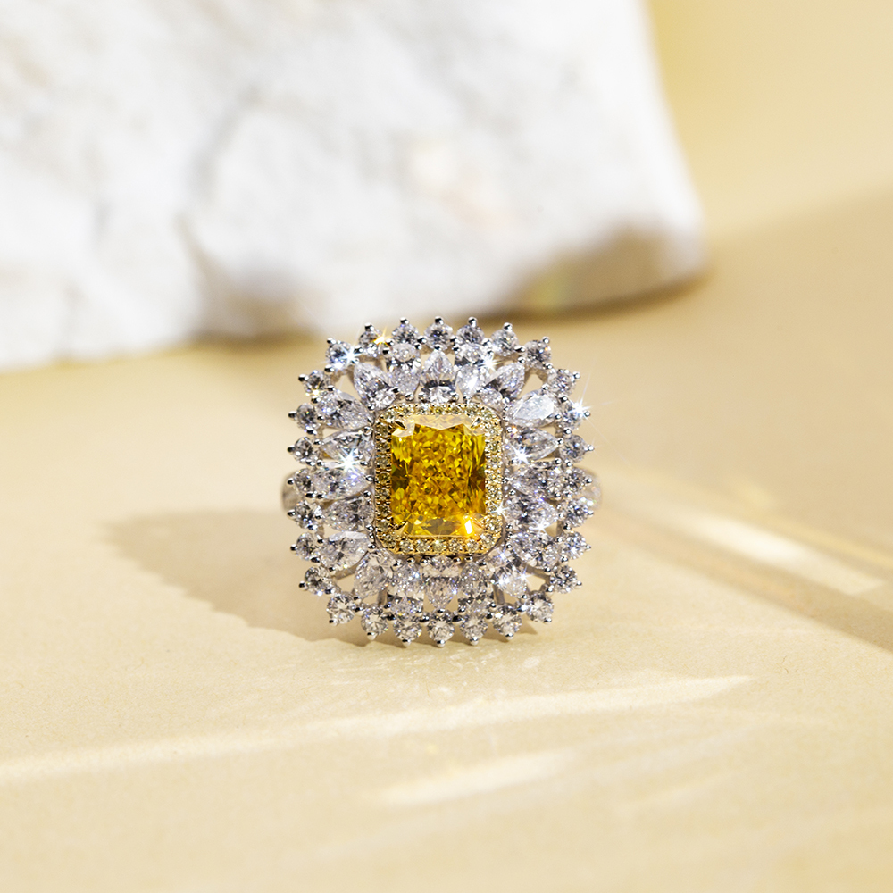 Radiant Cut Yellow Lab Diamond 2.1CT Double Halo 18K White Gold Ring MSR-1671