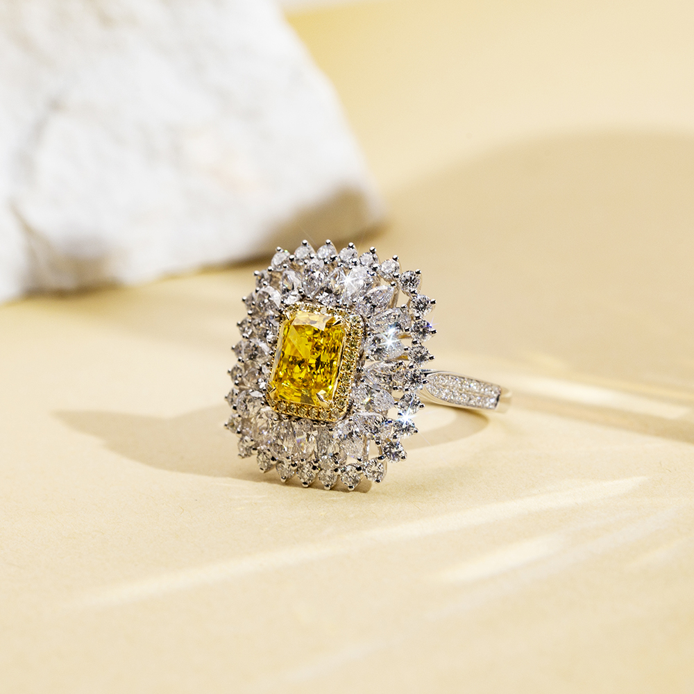Radiant Cut Yellow Lab Diamond 2.1CT Double Halo 18K White Gold Ring MSR-1671
