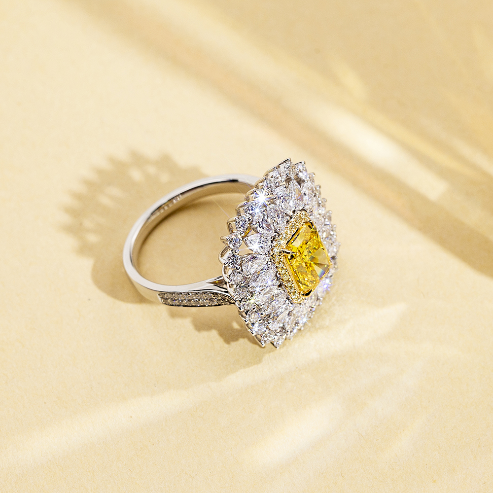 Radiant Cut Yellow Lab Diamond 2.1CT Double Halo 18K White Gold Ring MSR-1671