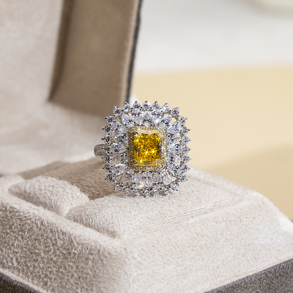 Radiant Cut Yellow Lab Diamond 2.1CT Double Halo 18K White Gold Ring MSR-1671