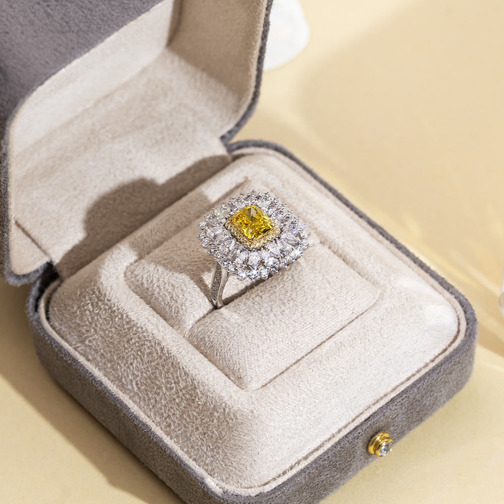 Radiant Cut Yellow Lab Diamond 2.1CT Double Halo 18K White Gold Ring MSR-1671