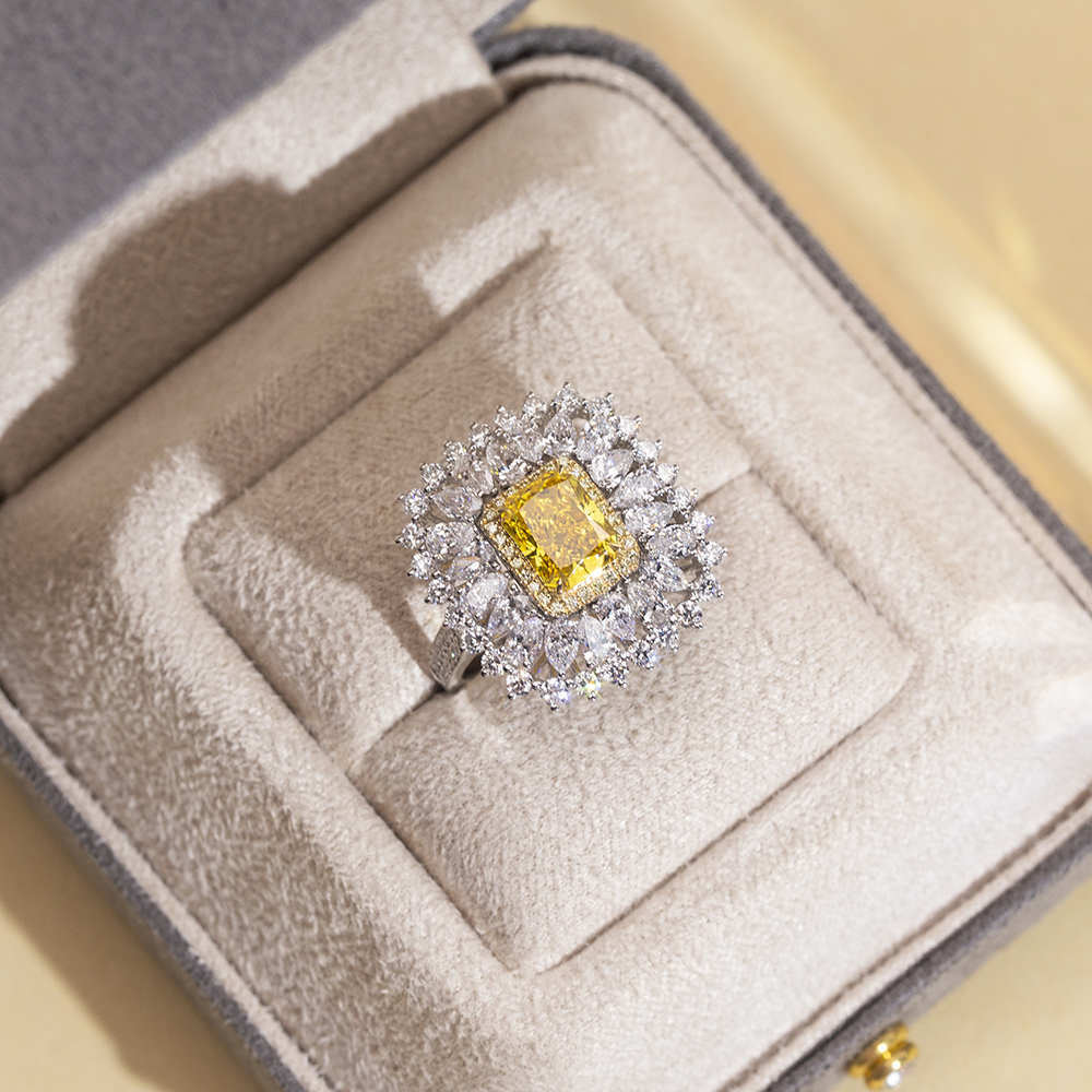 Radiant Cut Yellow Lab Diamond 2.1CT Double Halo 18K White Gold Ring MSR-1671