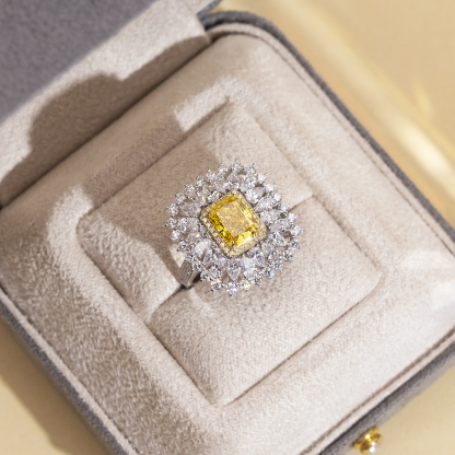 Radiant Cut Yellow Lab Diamond 2.1CT Double Halo 18K White Gold Ring MSR-1671