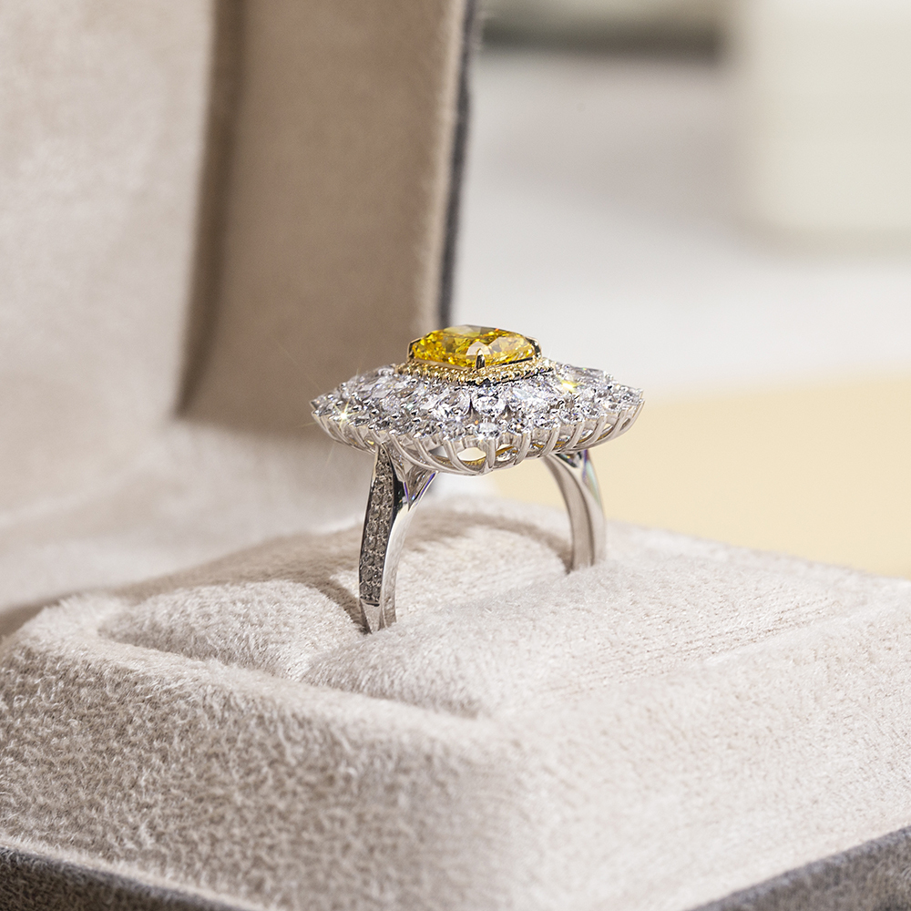 Radiant Cut Yellow Lab Diamond 2.1CT Double Halo 18K White Gold Ring MSR-1671