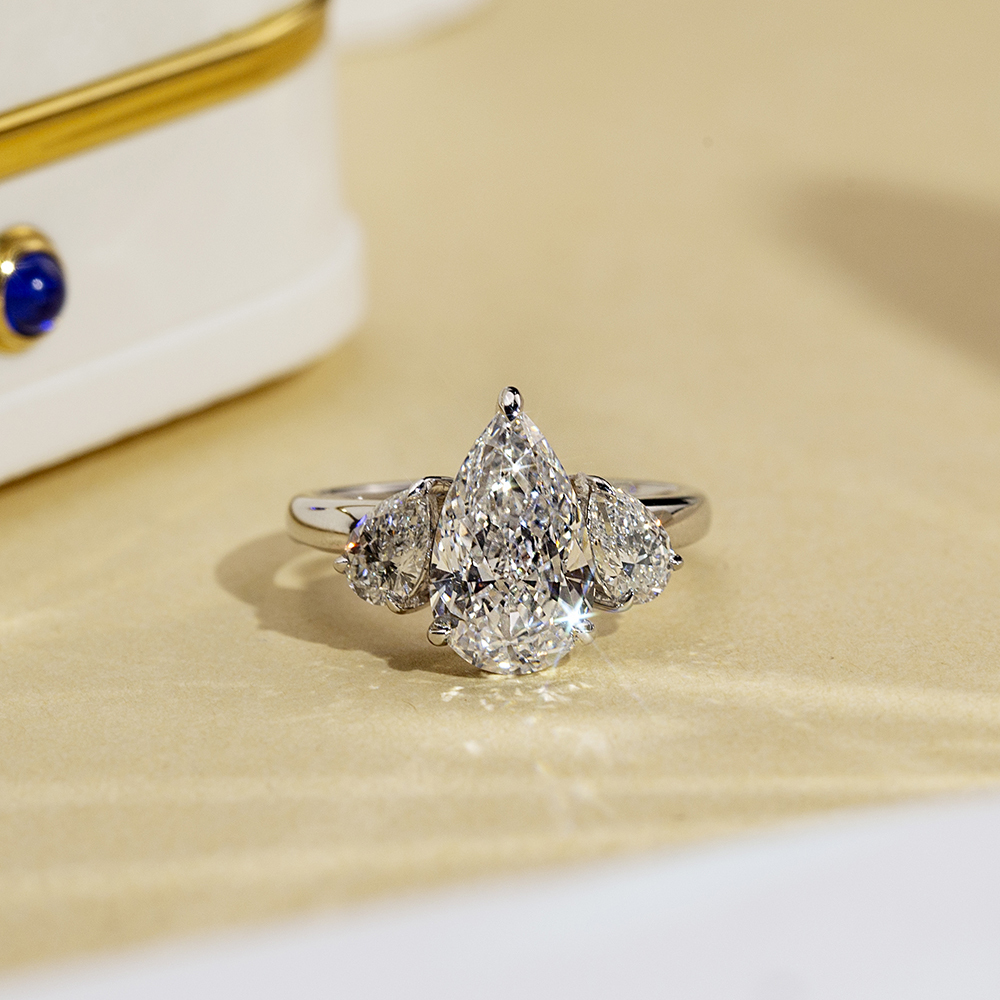 Pear Cut Lab Grown Diamond 2.6CT D VVS2 Three Stones 18K White Gold Ring MSR-1670
