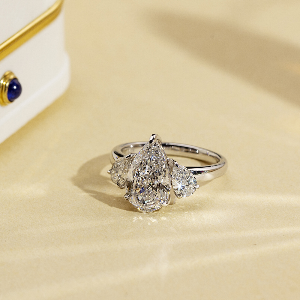 Pear Cut Lab Grown Diamond 2.6CT D VVS2 Three Stones 18K White Gold Ring MSR-1670