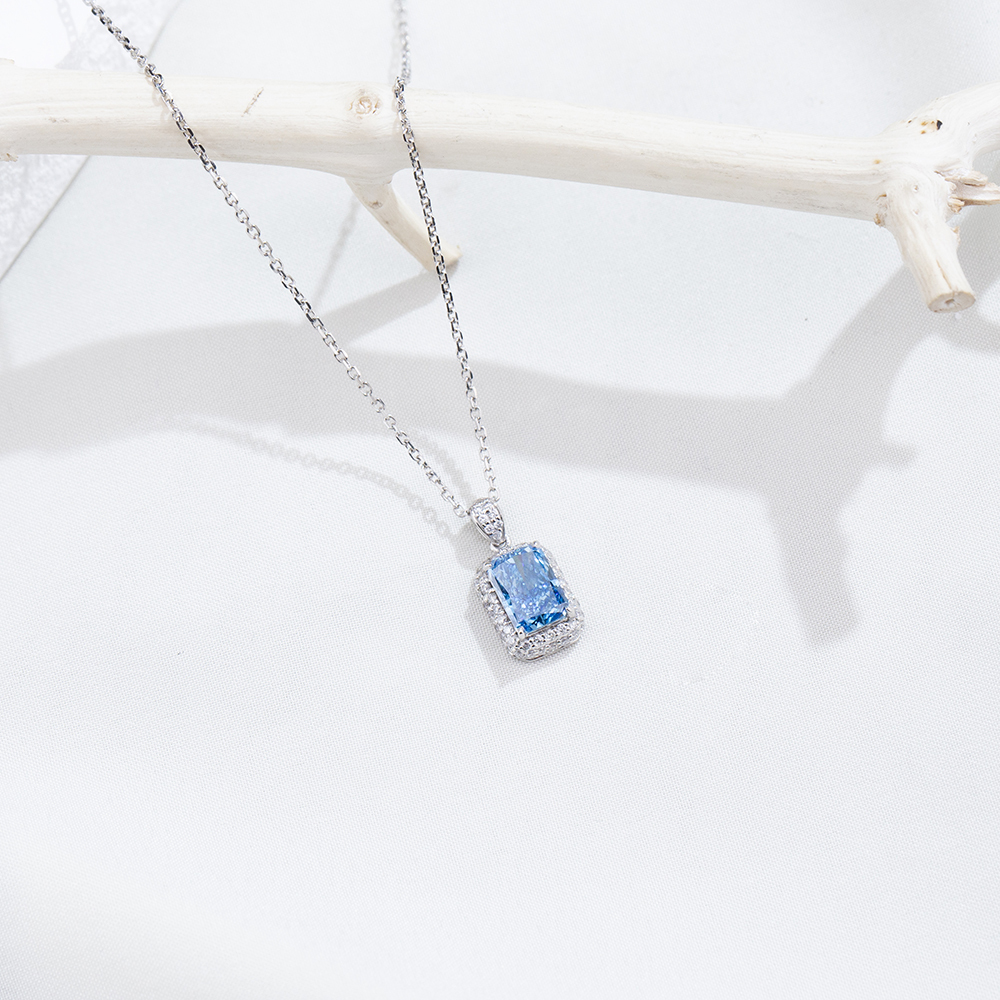 MissDiamond Radiant Cut Lab Grown Diamond 1.025CT B VS Blue Platinum Pendant Necklace MSN-950