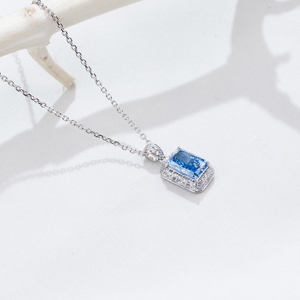MissDiamond Radiant Cut Lab Grown Diamond 1.025CT B VS Blue Platinum Pendant Necklace MSN-950