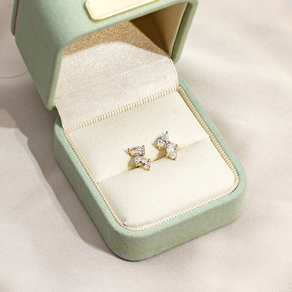 Pear Shape Three Stones Lab Grown Diamond E VVS2 14K Gold Earrings MSE-772