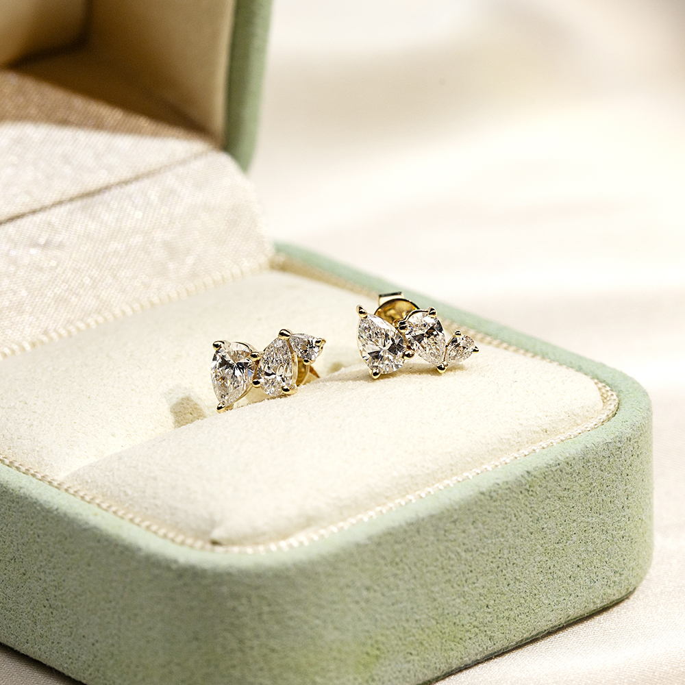 Pear Shape Three Stones Lab Grown Diamond E VVS2 14K Gold Earrings MSE-772