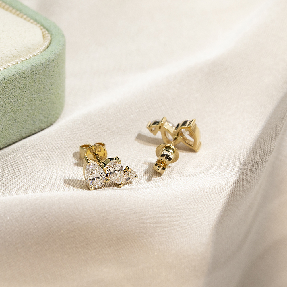 Pear Shape Three Stones Lab Grown Diamond E VVS2 14K Gold Earrings MSE-772