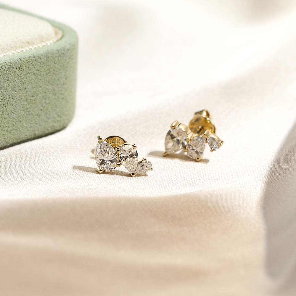 Pear Shape Three Stones Lab Grown Diamond E VVS2 14K Gold Earrings MSE-772