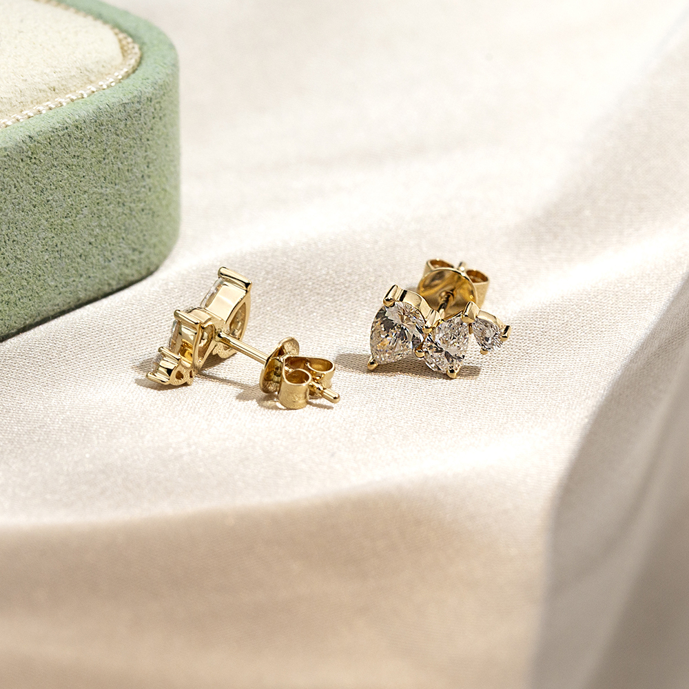Pear Shape Three Stones Lab Grown Diamond E VVS2 14K Gold Earrings MSE-772