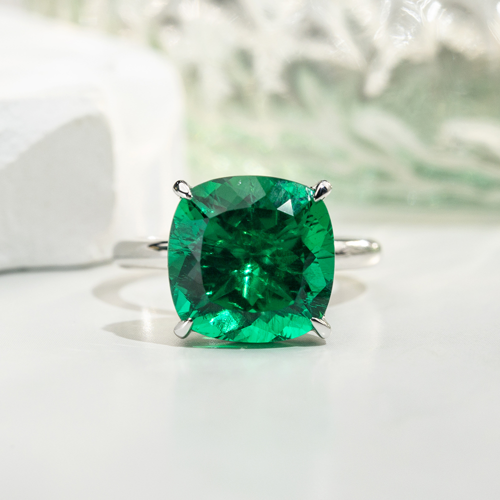 Cushion Cut Lab Grown Emerald 11CT Solitaire 18K White Gold Ring MSR-1672