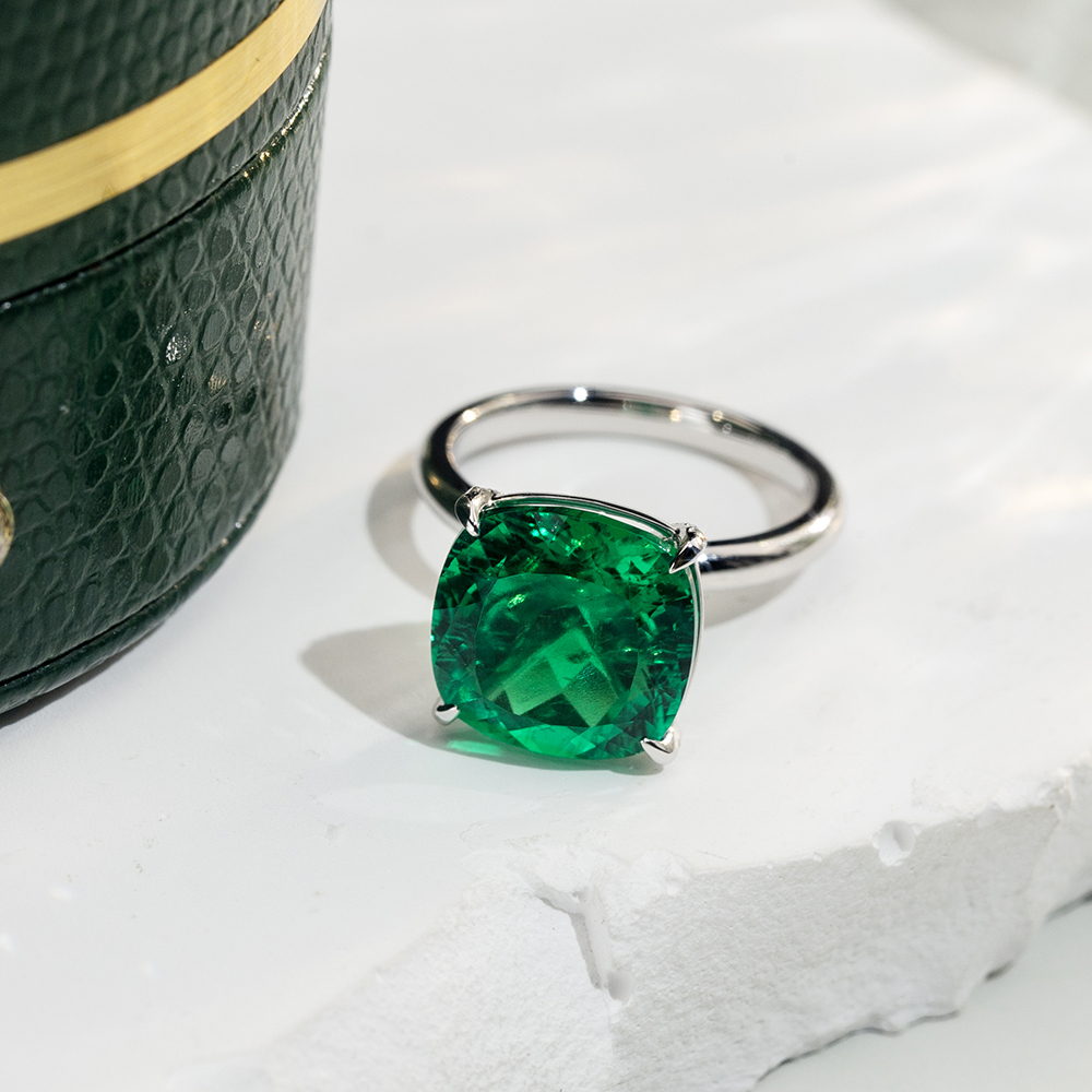 Cushion Cut Lab Grown Emerald 11CT Solitaire 18K White Gold Ring MSR-1672