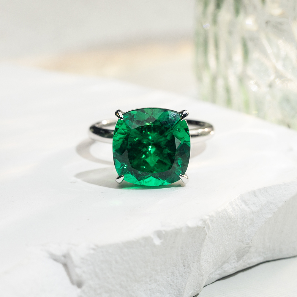 Cushion Cut Lab Grown Emerald 11CT Solitaire 18K White Gold Ring MSR-1672